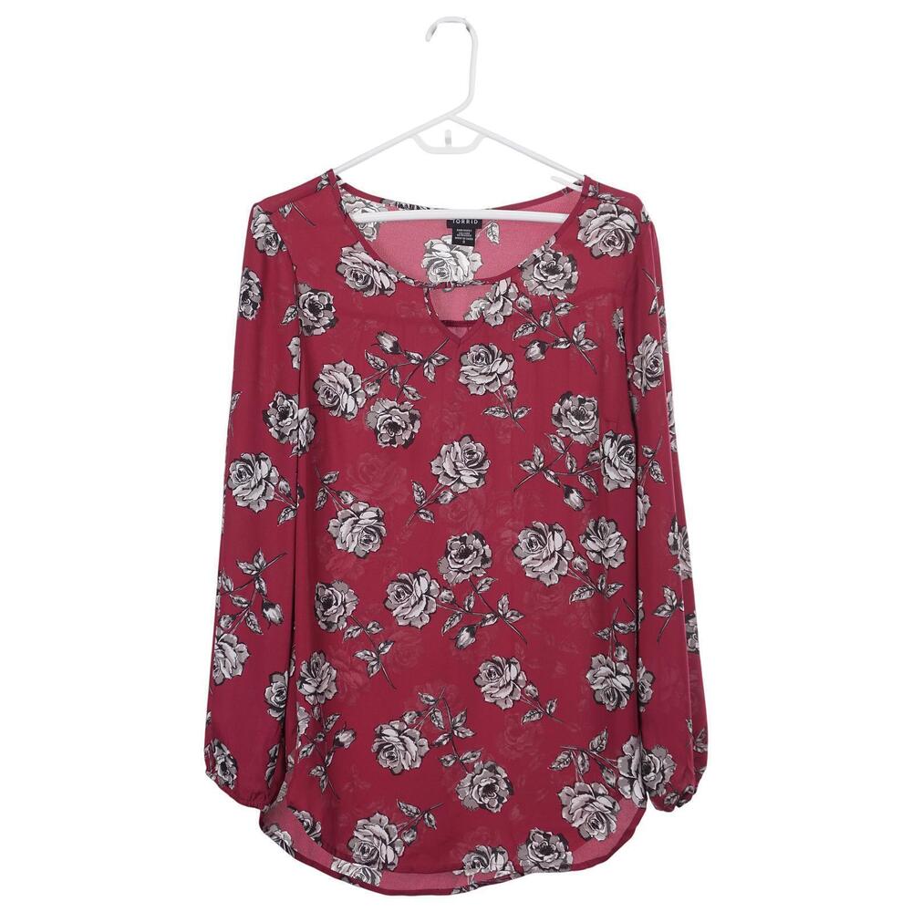 TORRID Top 0 (L/12) Wine Red Floral Rose Print Sheer Long Sleeve Keyhole Blouse